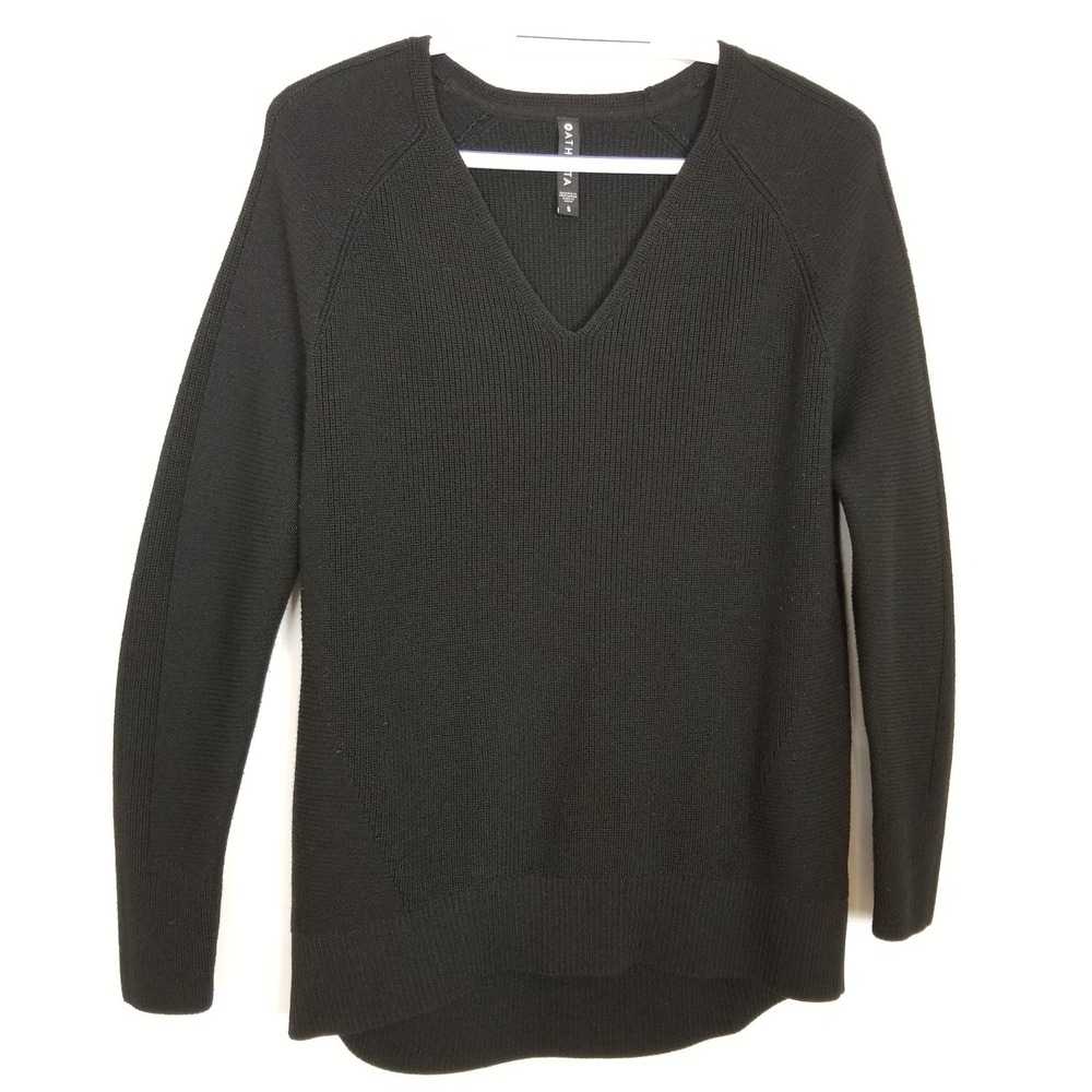 Athleta Hanover Refined V-Neck Sweater Sz S Black Merino Wool Blend Casual